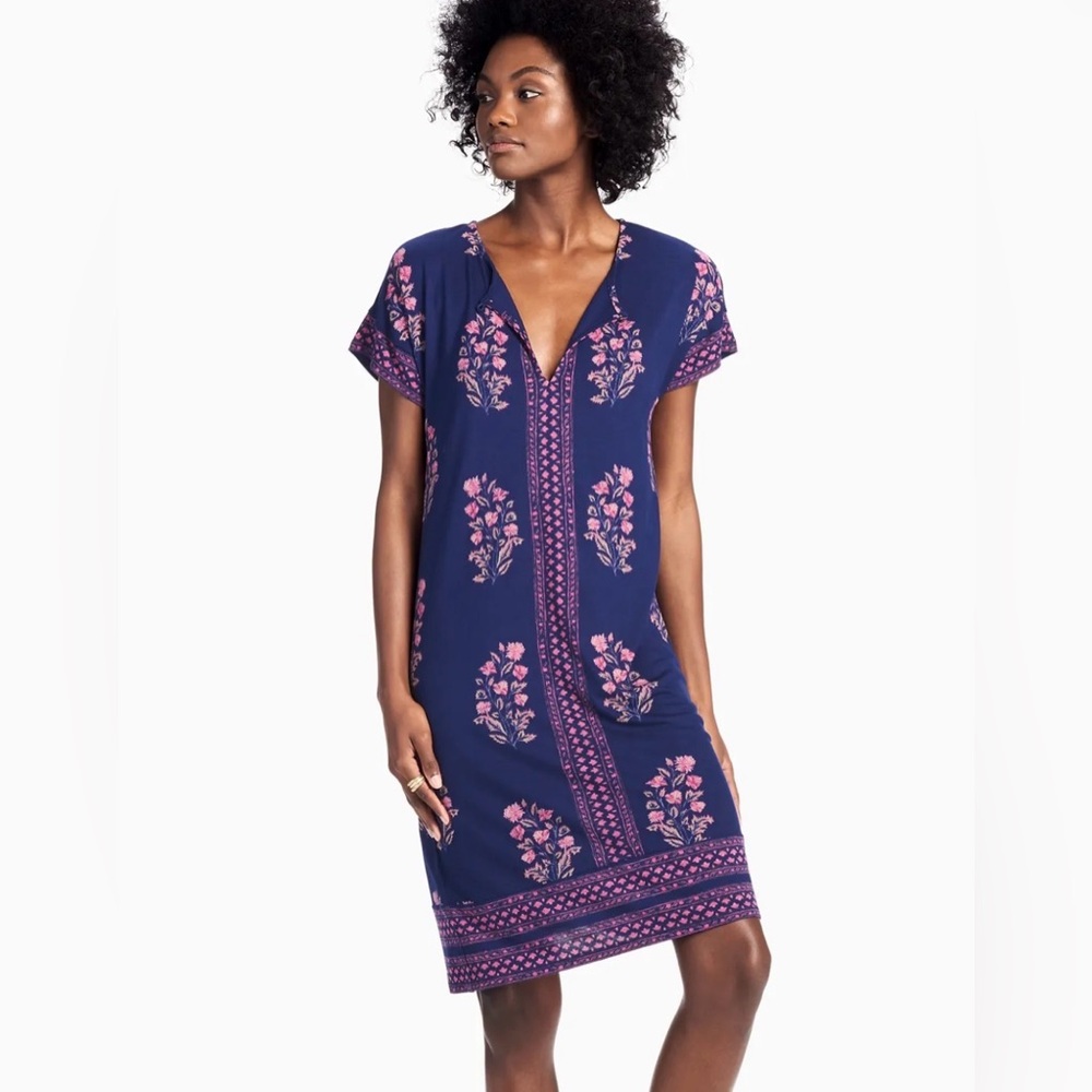 Lucky Brand‎ Printed Tee Dress XS Purple Pink Keyhole Stretch Mini Short Sleeve